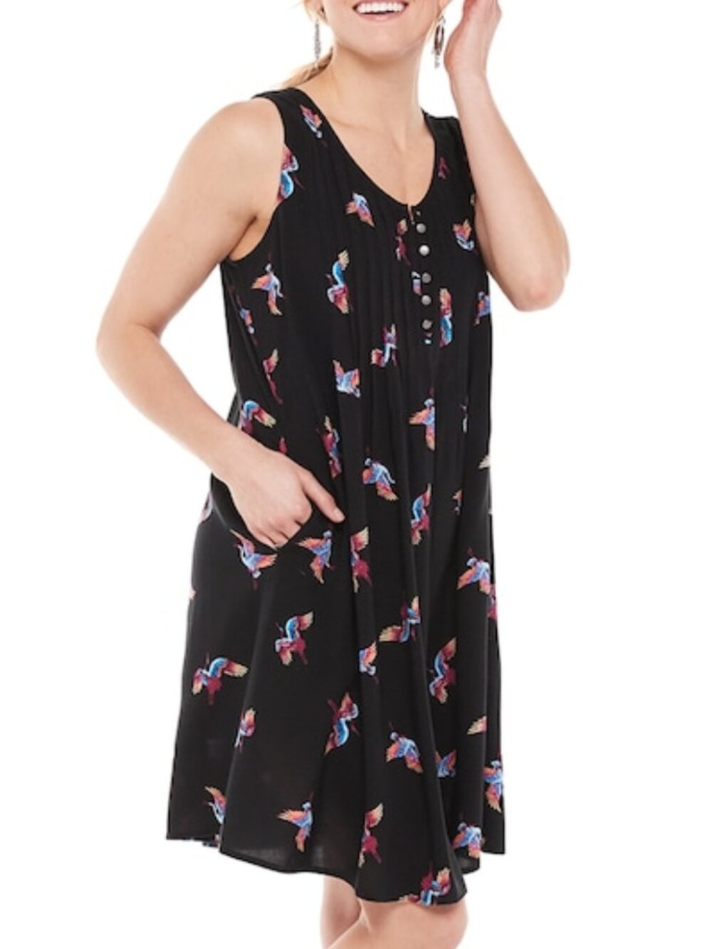 Women's Sonoma Goods For Life Sleeveless Pintuck Dress - Black Cranes - XL